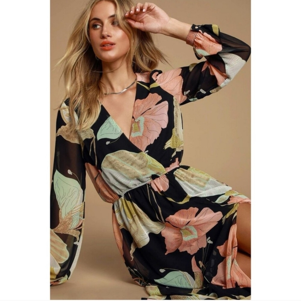Lulus Wondrous Water Lilues‎ Black Floral Print Maxi Sleeve Dress - Picture 5 of 12